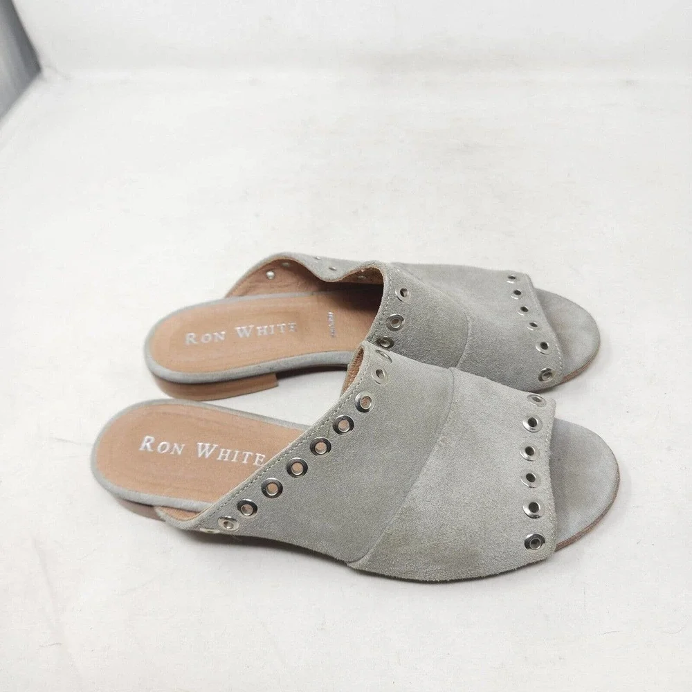Ron White Womens Sandals Stone Gray Suede Leather Grommet Slides Shoes Sz 38 7.5